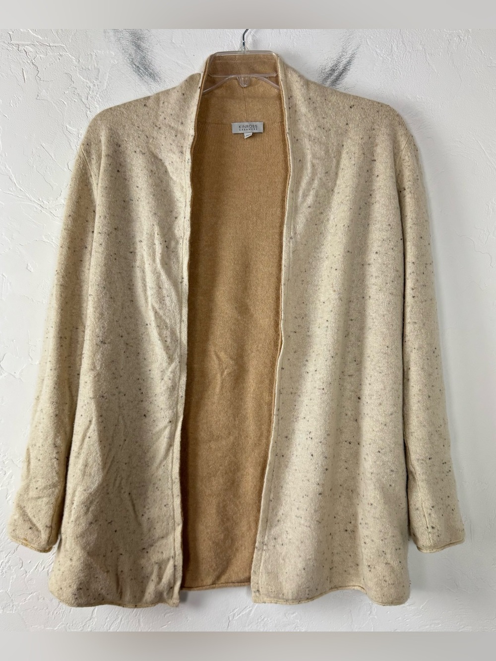 Kinross Cashmere Cardigan Sweater Open Front Speckled Knit Beige Tan Cream Soft